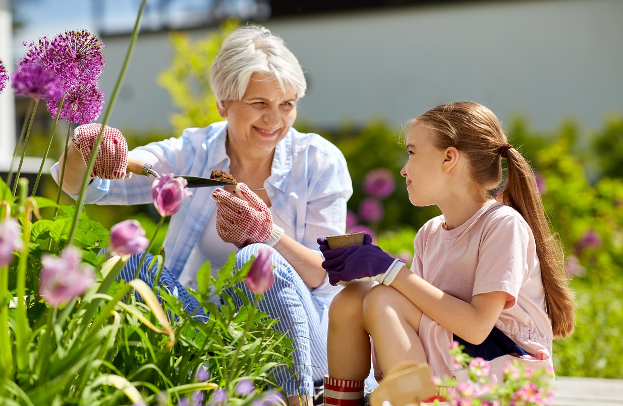 Older woman and young girl planting flowers together in a garden
